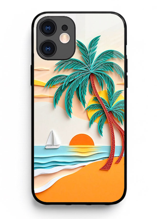 Tropical Palm Sunset warm beach artwork iphone 11 glass back cover