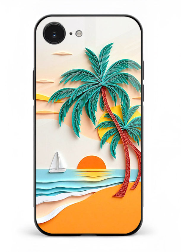 Tropical Palm Sunset warm beach artwork iphone 16e glass back cover