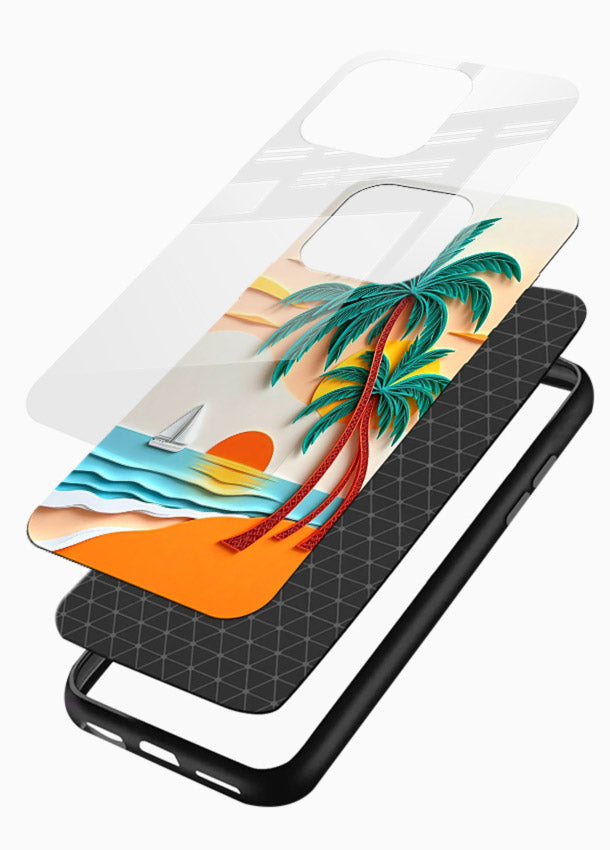 Tropical Palm Sunset warm beach artwork glossy vibrant premium glass back cover - Angle Layers