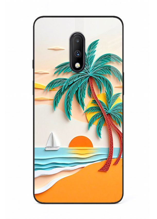 Tropical Palm Sunset warm beach artwork OnePlus 7 glass back cover