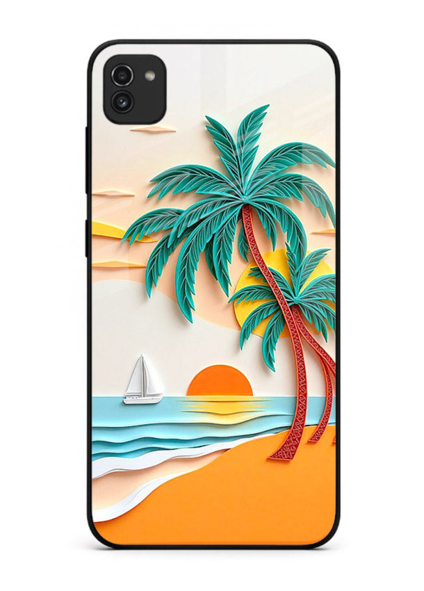 Tropical Palm Sunset warm beach artwork Samsung A03 glass back cover