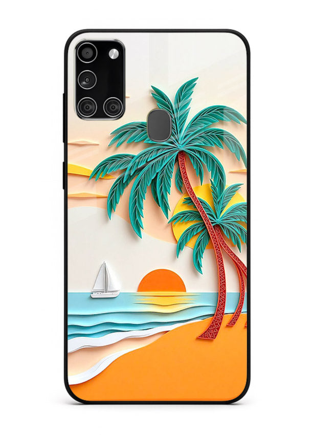 Tropical Palm Sunset warm beach artwork Samsung A21s glass back cover