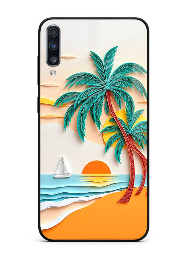 Tropical Palm Sunset warm beach artwork Samsung A70 glass back cover