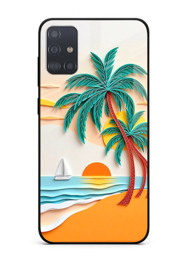 Tropical Palm Sunset warm beach artwork Samsung A51 glass back cover