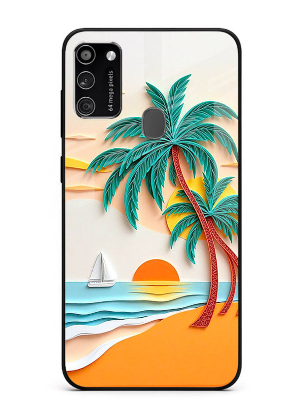 Tropical Palm Sunset warm beach artwork Samsung M21 glass back cover