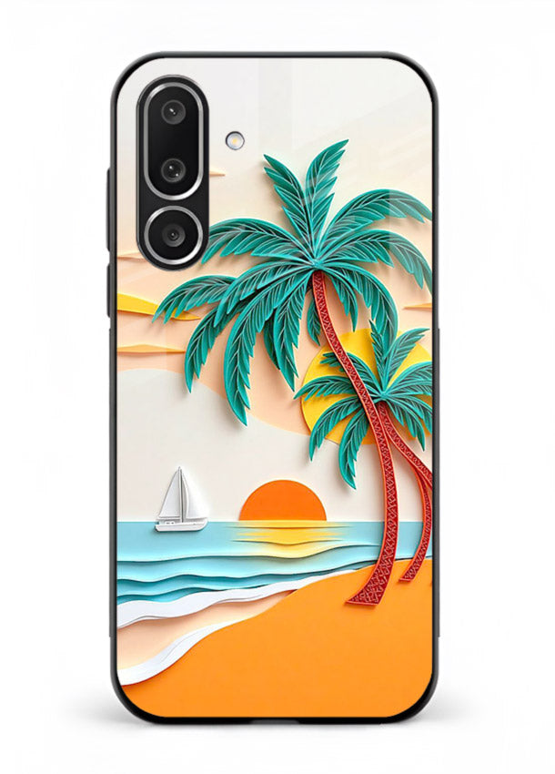 Tropical Palm Sunset warm beach artwork Samsung F56 5G glass back cover