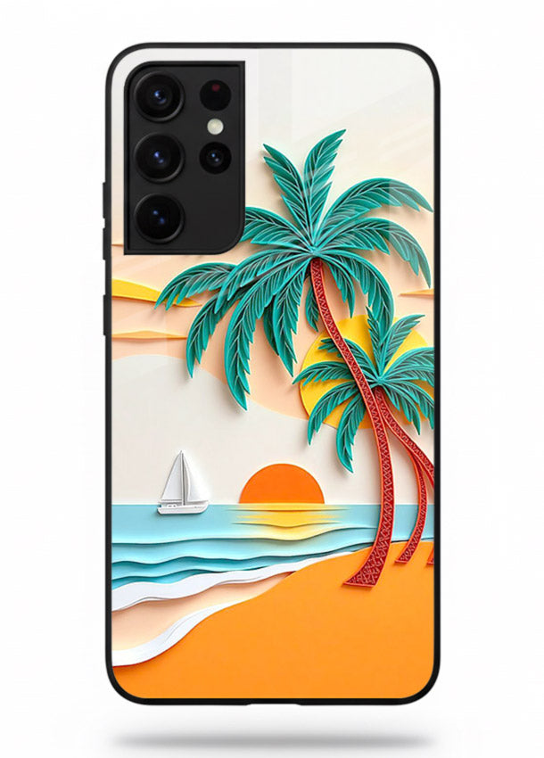 Tropical Palm Sunset warm beach artwork Samsung S21 Ultra glass back cover
