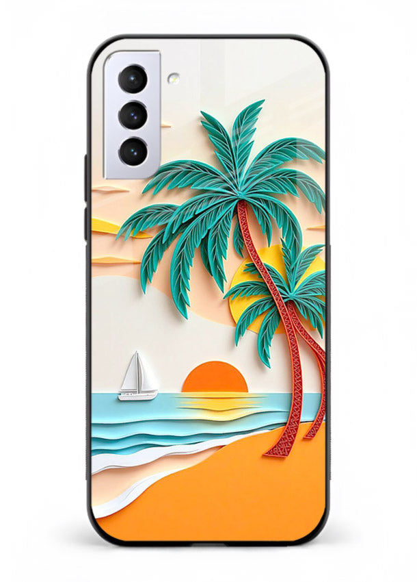 Tropical Palm Sunset warm beach artwork Samsung S21 FE glass back cover