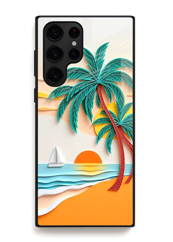 Tropical Palm Sunset warm beach artwork Samsung S25 Ultra glass back cover