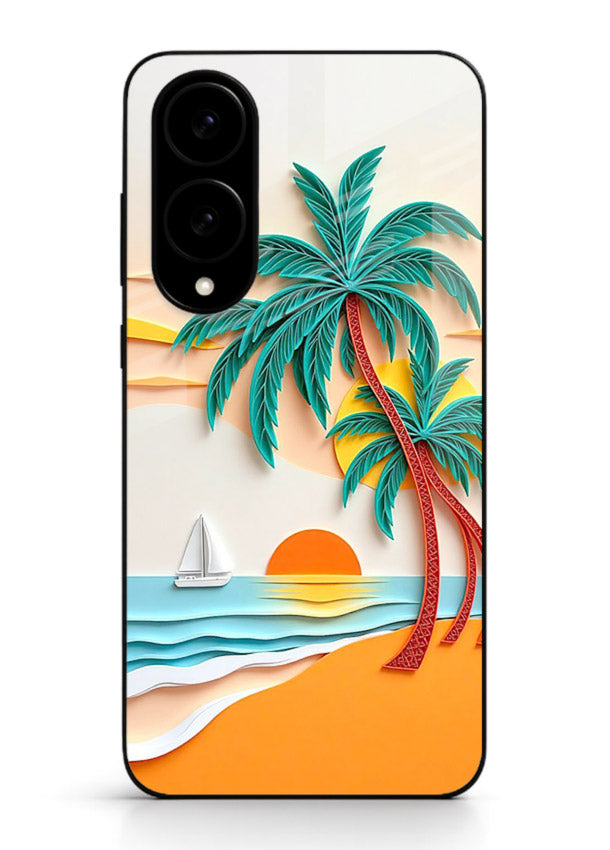 Tropical Palm Sunset warm beach artwork Samsung S25 Edge glass back cover