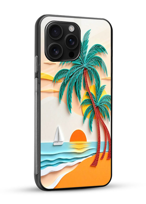 Tropical Palm Sunset warm beach artwork glossy vibrant premium glass back cover - Angle Side