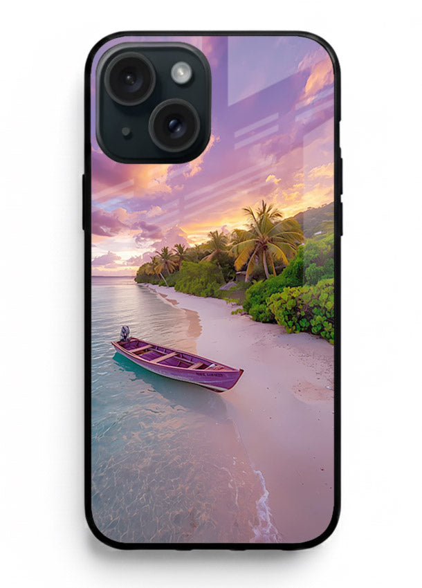 Tropical Sunset Shore pastel beach artwork iphone 15 plus glass back cover