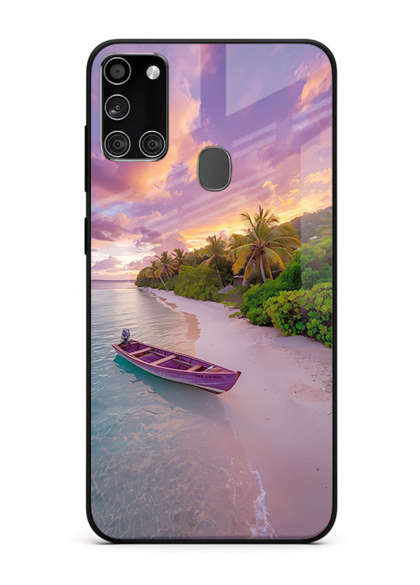 Tropical Sunset Shore pastel beach artwork Samsung A21s glass back cover
