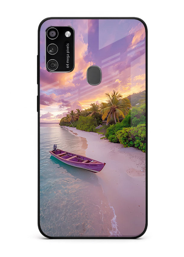 Tropical Sunset Shore pastel beach artwork Samsung M21 glass back cover