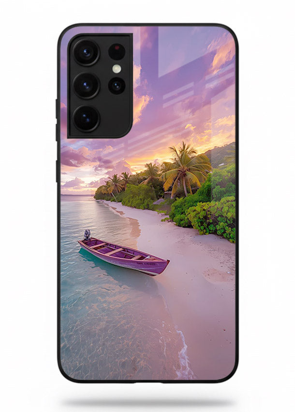 Tropical Sunset Shore pastel beach artwork Samsung S21 Ultra glass back cover