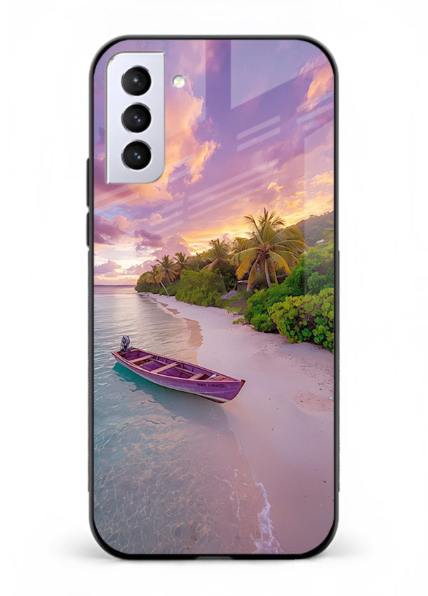 Tropical Sunset Shore pastel beach artwork Samsung S21 Plus glass back cover