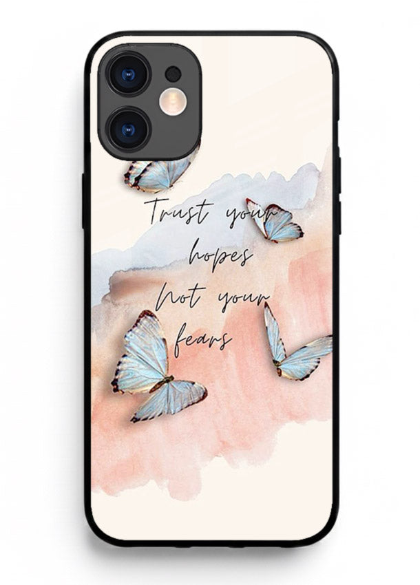 Butterfly hope artwork printed on iphone 11 glass back cover with gentle pastel tones.
