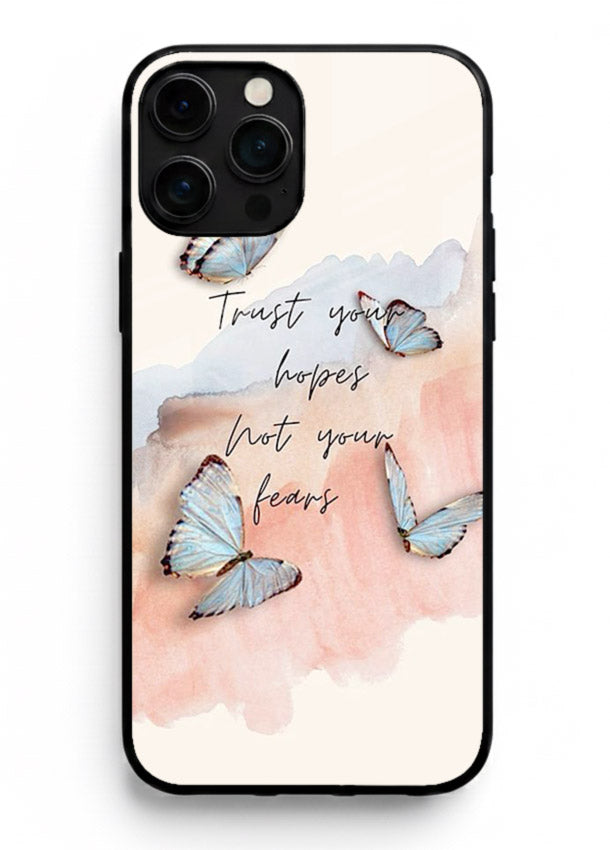 Butterfly hope artwork printed on iphone 16 pro max glass back cover with gentle pastel tones.