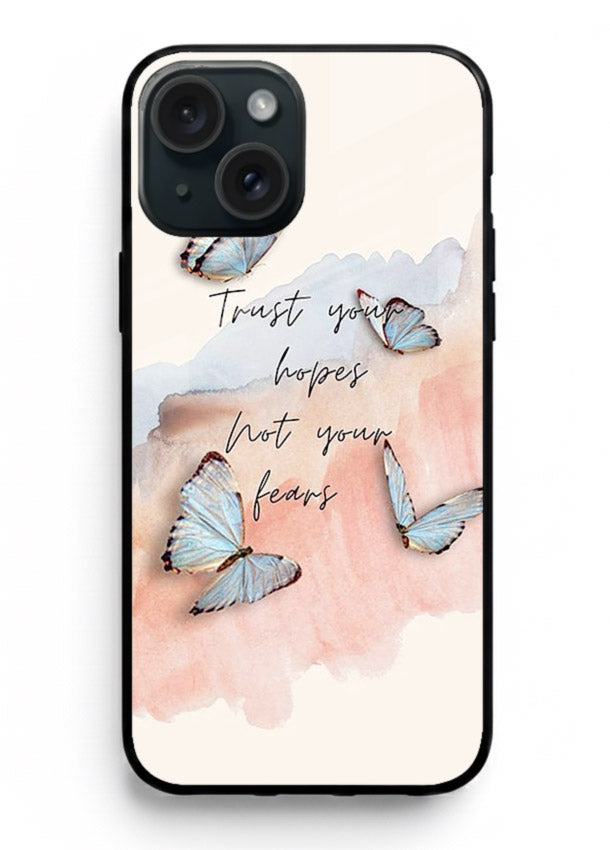 Butterfly hope artwork printed on iphone 13 mini glass back cover with gentle pastel tones.