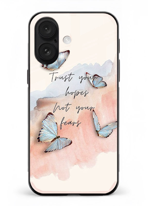 Butterfly hope artwork printed on iphone 16 plus glass back cover with gentle pastel tones.