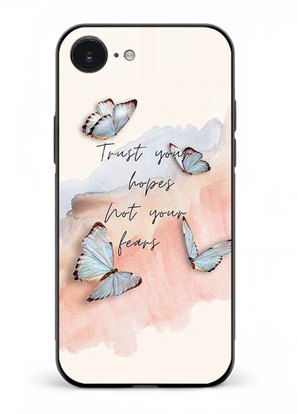 Butterfly hope artwork printed on iphone 16e glass back cover with gentle pastel tones.