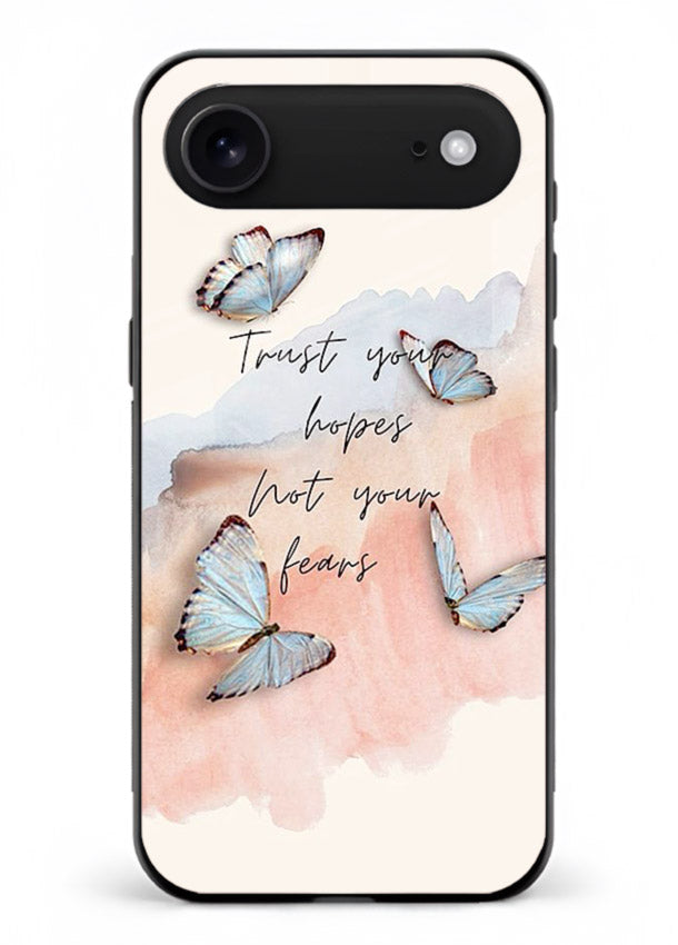 Butterfly hope artwork printed on iphone 18 air glass back cover with gentle pastel tones.
