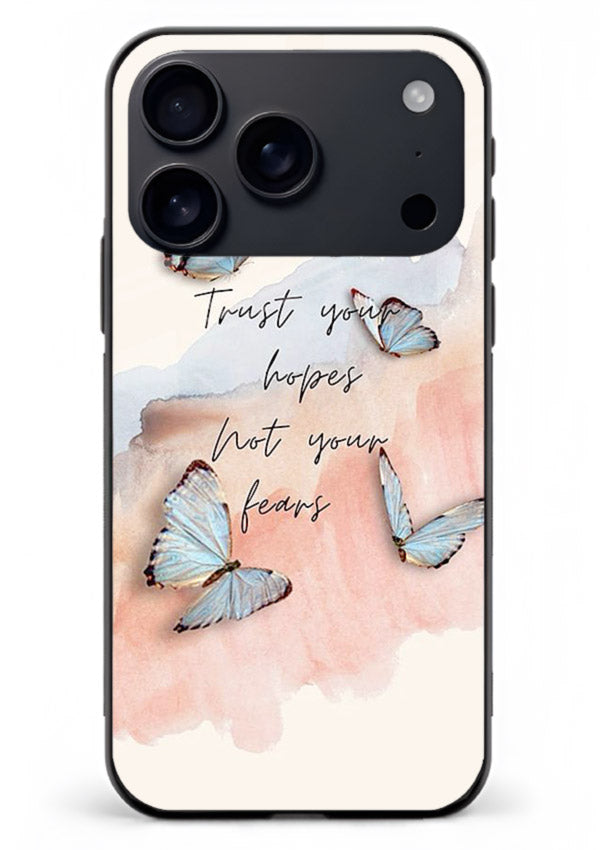 Butterfly hope artwork printed on iphone 18 pro max glass back cover with gentle pastel tones.