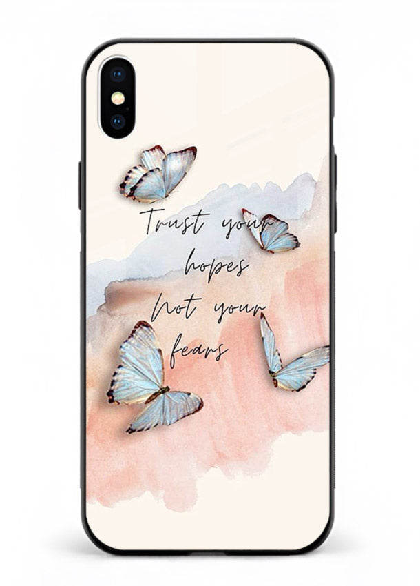 Butterfly hope artwork printed on iphone xs max glass back cover with gentle pastel tones.