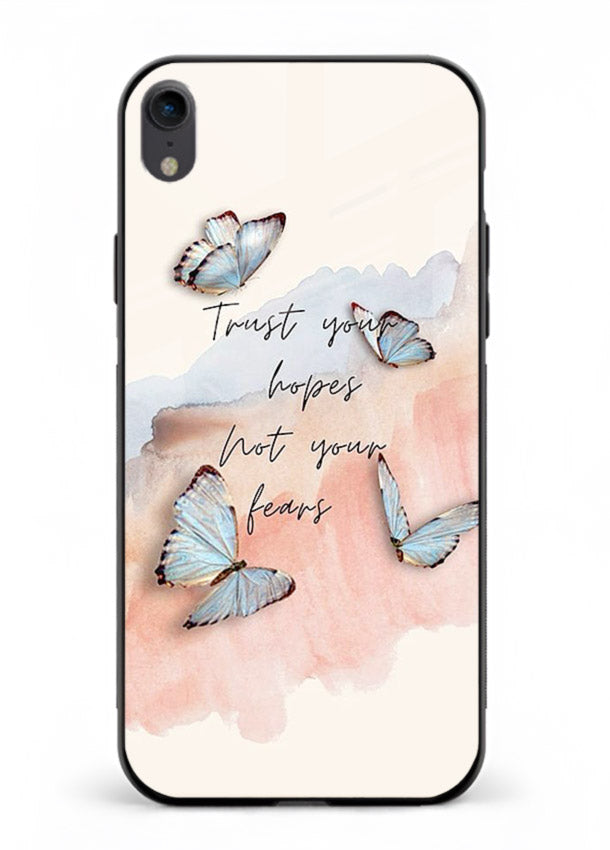 Butterfly hope artwork printed on iphone xr glass back cover with gentle pastel tones.