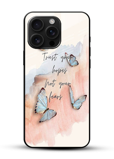 Butterfly hope artwork printed on glossy vibrant premium glass back cover with gentle pastel tones. - Angle Front