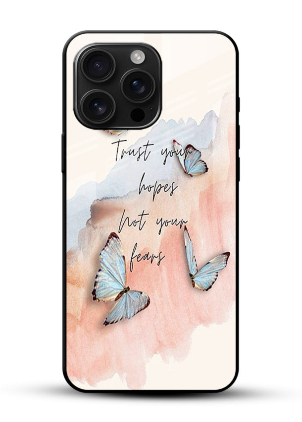 Butterfly hope artwork printed on glossy vibrant premium glass back cover with gentle pastel tones. - Angle Front
