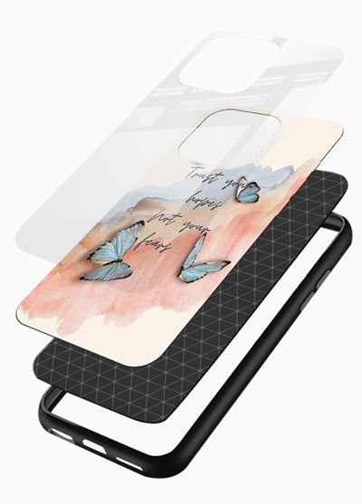 Butterfly hope artwork printed on glossy vibrant premium glass back cover with gentle pastel tones. - Angle Layers