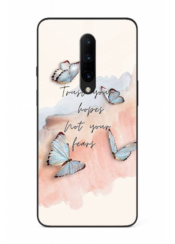Butterfly hope artwork printed on OnePlus 7T Pro glass back cover with gentle pastel tones.