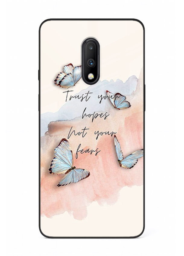 Butterfly hope artwork printed on OnePlus 7 glass back cover with gentle pastel tones.