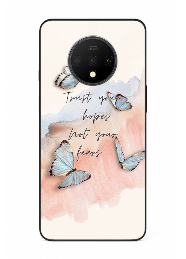 Butterfly hope artwork printed on OnePlus 7T glass back cover with gentle pastel tones.