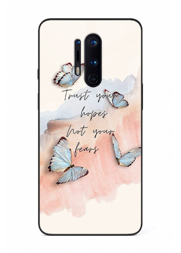 Butterfly hope artwork printed on OnePlus 8 Pro glass back cover with gentle pastel tones.