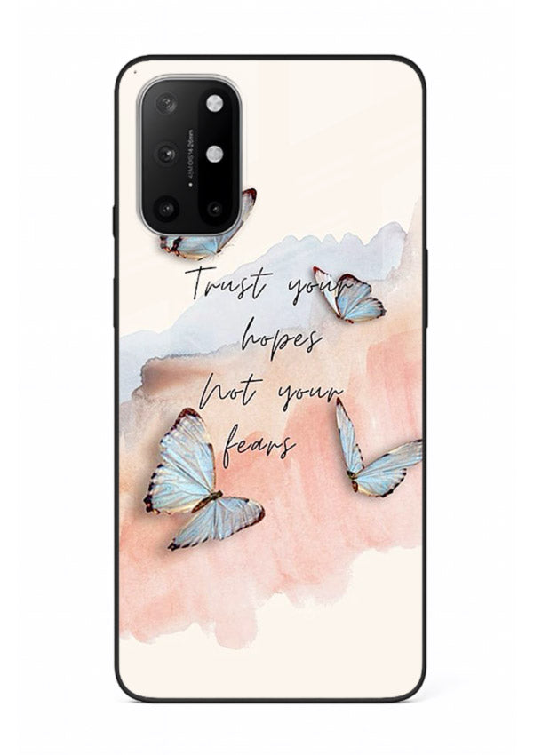 Butterfly hope artwork printed on OnePlus 8T glass back cover with gentle pastel tones.