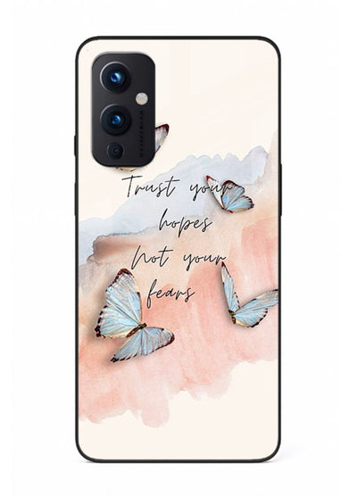 Butterfly hope artwork printed on OnePlus 9 Pro glass back cover with gentle pastel tones.