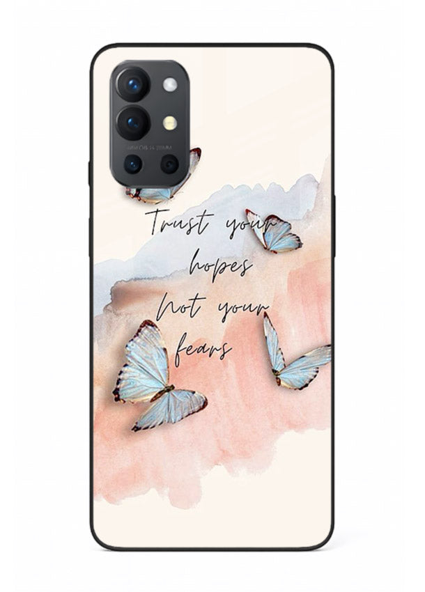 Butterfly hope artwork printed on OnePlus 9R glass back cover with gentle pastel tones.