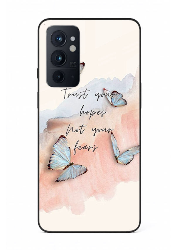 Butterfly hope artwork printed on OnePlus 9RT glass back cover with gentle pastel tones.