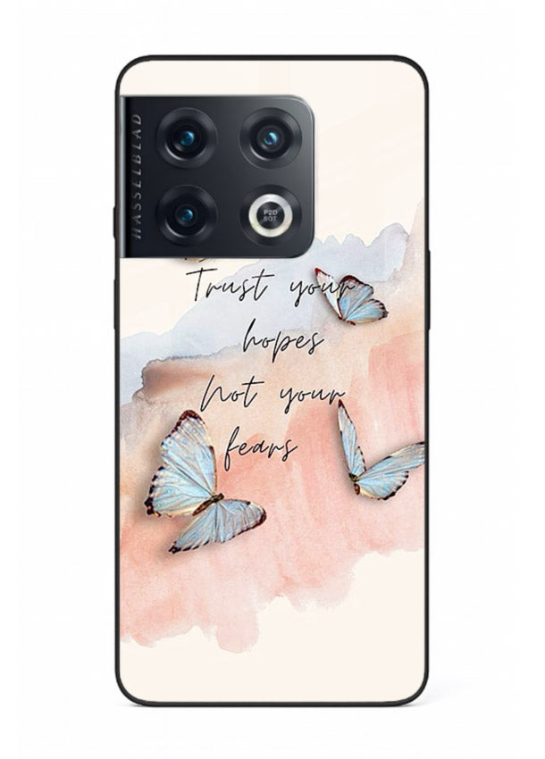 Butterfly hope artwork printed on OnePlus 10 Pro glass back cover with gentle pastel tones.