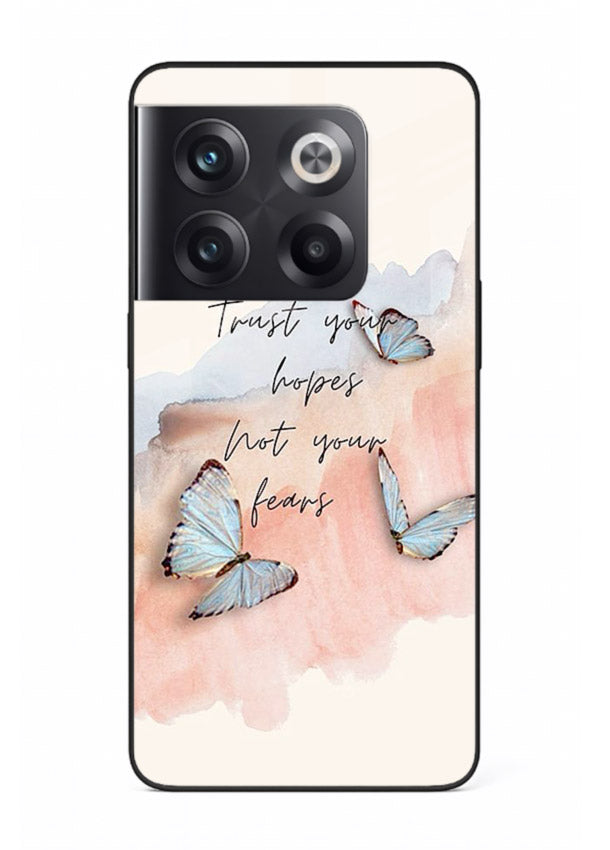 Butterfly hope artwork printed on OnePlus 10T glass back cover with gentle pastel tones.