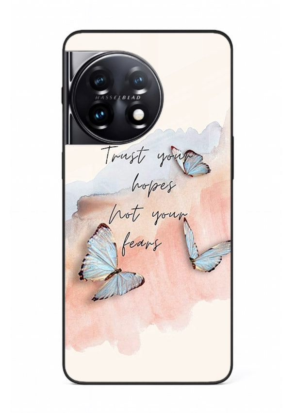 Butterfly hope artwork printed on OnePlus 11R glass back cover with gentle pastel tones.