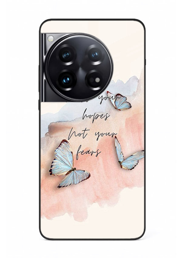 Butterfly hope artwork printed on OnePlus 12 glass back cover with gentle pastel tones.