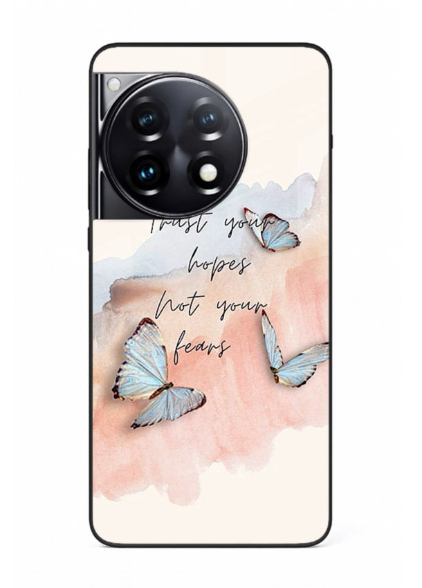 Butterfly hope artwork printed on OnePlus 12R glass back cover with gentle pastel tones.