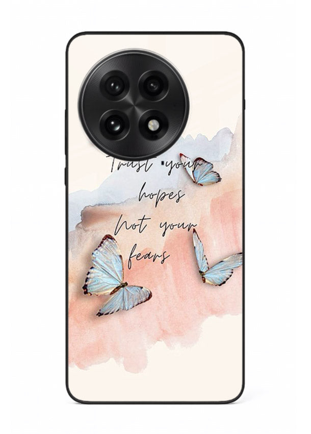Butterfly hope artwork printed on OnePlus 13 glass back cover with gentle pastel tones.
