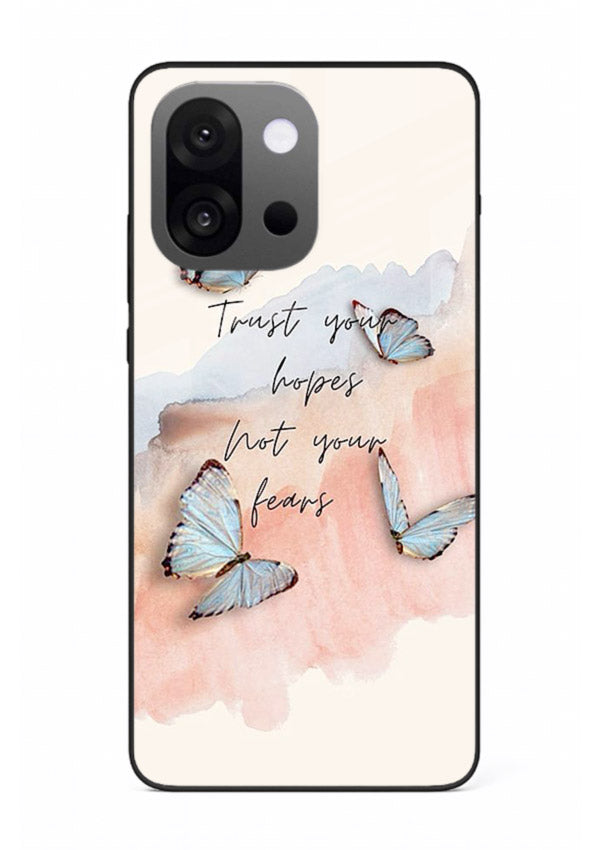 Butterfly hope artwork printed on OnePlus 13s glass back cover with gentle pastel tones.
