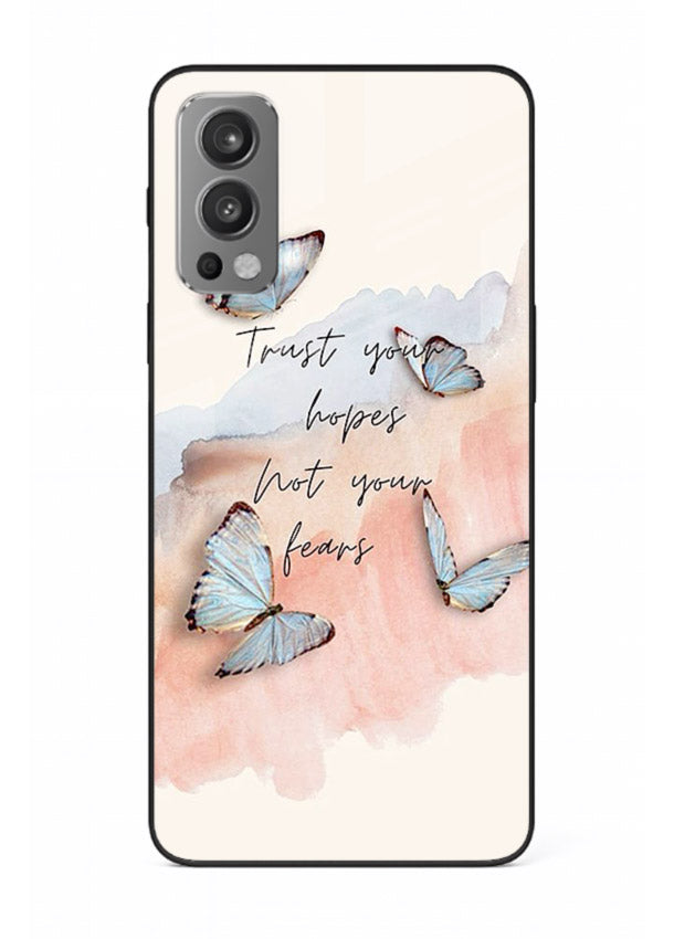 Butterfly hope artwork printed on OnePlus Nord 2 glass back cover with gentle pastel tones.