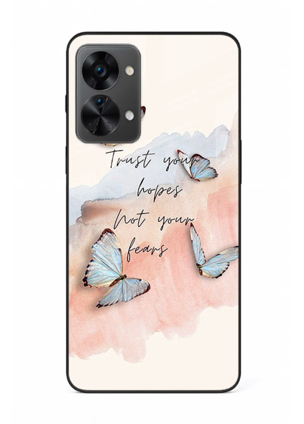Butterfly hope artwork printed on OnePlus Nord 2T glass back cover with gentle pastel tones.