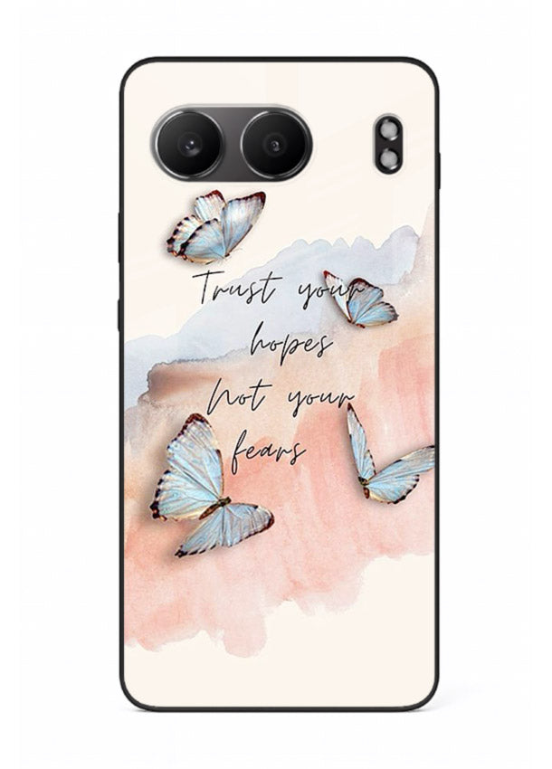 Butterfly hope artwork printed on OnePlus Nord 4 glass back cover with gentle pastel tones.
